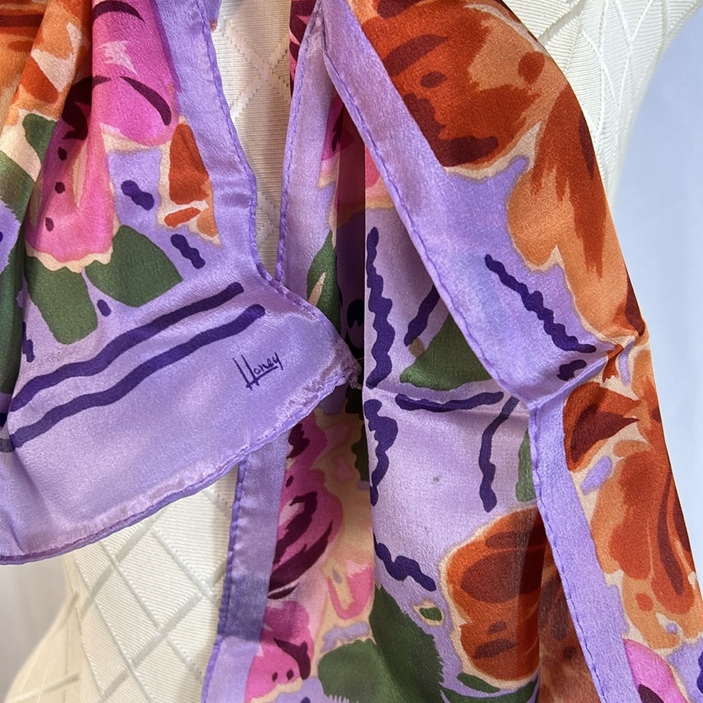 Honey Vintage Silk Scarf Purple Floral Like New Size 52x10 View 2